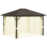 Outsunny 11.9" x 9.8" Hardtop Gazebo with Curtains Netting, Metal Roof Gazebo Canopy with Aluminum Frame and Top Hook, Cream