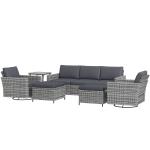 Outsunny 6-Piece Rattan Patio Furniture Set with 3-Seater Sofa, Swivel Rocking Chairs, Footstools, 2 Tier Table, Mixed Gray