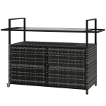 Outsunny 2-Tier Shelf PE Rattan Outdoor Bar Table, Glass Top Patio Serving Cart with Cabinet, Mixed Gray