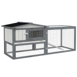 PawHut Large Rabbit Cage Outdoor 61"L Guinea Pig Hutch w/ Run Feeding Trough Removable Tray Ramp Asphalt Roof, White