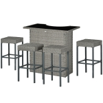 Outsunny 5 Piece Rattan Wicker Bar Set, High Top Outdoor Table and Chairs, Bar Height Patio Set, 2 Shelves & 4 Bar Stools, Gray