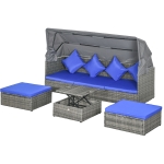 Outsunny 4 Piece Adjustable Canopy Outdoor Rattan Sofa Set w/ Height Adjustable Coffee Table & Cushions, Dark Blue