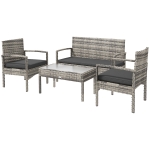 Outsunny 4 Pieces Patio Furniture Set with Loveseat Bench, Armchairs, Glass Table, Outdoor Wicker Conversation Seating Set, Grey