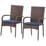 Outsunny Stackable PE Rattan Outdoor Dining Chairs with Cushion, Patio Wicker Dining Chair with Armrests & Backrest, Blue