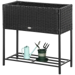 Outsunny Rattan Raised Garden Boxes, Elevated Flower Beds with Storage Shelf for Herbs, Flowers, Vegetables, Black