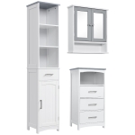 kleankin 3-Piece Bathroom Furniture Set, Tall and Small Floor Cabinets, Wall Mount Medicine Cabinet with Mirror, Narrow Bathroom Storage Cabinet with Drawers and Shelves, White
