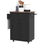HOMCOM Modern Rolling Kitchen Island Cart with Drawer, Natural Wood Top, Towel Rack, Door Storage Cabinet, Distressed Black