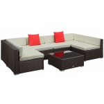Outsunny 7 Piece Outdoor Patio Sofa Set with Cushions, All Weather PE Rattan, 29.5" Sofa Section, Glass Top Coffee Table for Outdoor Living, Beige