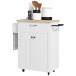 HOMCOM Modern Rolling Kitchen Island Cart with Drawer, Natural Wood Top, Towel Rack, Door Storage Cabinet, Distressed White