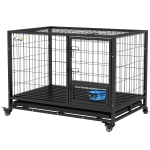 PawHut 43" Heavy Duty Dog Kennel w/ Bowl Holder, Wheels, Openable Top, Removable Tray for Medium & Large Dogs, Black