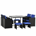 Outsunny 9 Pieces Wicker Patio Dining Set Outdoor Furniture Set with Removable Cushions, Glass Top Dining Table, Ottomans, PE Rattan Conversation Set for Garden Poolside, Blue