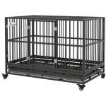 PawHut 48" Heavy Duty Dog Crate Metal Cage Kennel with Lockable Wheels, Double Door and Removable Tray, gray