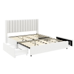 Queen Size Upholstered Platform Bed Frame with Patented 2 Drawers Storage, Tufted Headboard, Wooden Slat Support, for Bedroom, No Box Spring Needed, Ivory