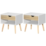 HOMCOM Set of 2 Bedside Table with Drawer and Shelf, Modern Nightstand with Wooden Legs, End Table for Bedroom, White