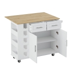 Multi-Functional Kitchen Island Cart with 2 Door Cabinet, Drawers, Spice Rack, Towel Holder, Wine Rack, Foldable Rubberwood Table Top, 46.46"L x 16.93"W x 35.83"H, White