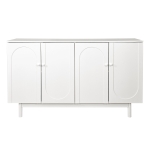Stylish 4-Door Intaglio Storage Cabinet with Pine Legs, Solid Wood Pulls, Adjustable Shelves, 59.06"L x 15.75"W x 32.43"H, White