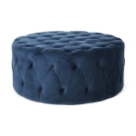 Modern Glam Round Tufted Velvet Ottoman with Cushioned Top, Sturdy Frame, and Space-Saving Design, 40" L x 40" W x 17.5" H, Blue