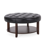 Round Ottoman with Faux Leather Upholstery, Button Tufting, Rubberwood Frame, and Open Shelf, Contemporary Design, 32" L x 32" W x 17" H, Black