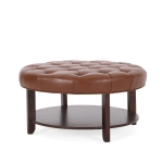 Round Ottoman with Faux Leather Upholstery, Button Tufting, Rubberwood Frame, and Open Shelf, Contemporary Design, 32" L x 32" W x 17" H, Light Brown