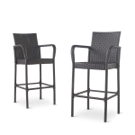 Outdoor Wicker Barstools Set of 2, Faux Rattan with Metal Frame, Weather Resistant, 24.8" L x 24.35" W x 46.5" H, Gray
