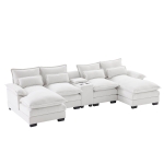 123" Modern U-Shaped 6-Seat Upholstered Sleeper Sofa Set with Console, Cupholders, USB Ports, and Chaise, 123″ L x 55″ W x 33″ H, White