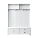 Modern Hall Tree with Storage Cabinet and 2 Large Drawers, Wide Mudroom Bench with 5 Coat Hooks, 59" L x 16" W x 80.5" H, White
