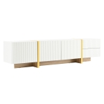 Luxury Fluted TV Stand with Storage Cabinets & Drawers, Smooth Media Console with Golden Wood Grain Legs, 75" L x 14" W x 18" H, White