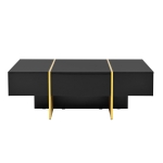 Minimalist High Gloss Coffee Table with 2 Drawers, Storage Rectangle Sofa Table, with Golden Wood Legs, 47" L x 31.5" W x 15.5" H, Black