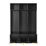 Modern Hall Tree with Bench, High Gloss Fluted Doors, 6 Gold Hooks, and Storage Cubbies, 49.5" L x 15.5" W x 75.5" H, Black+Gold