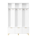 Modern Hall Tree with Bench, High Gloss Fluted Doors, 6 Gold Hooks, and Storage Cubbies, 49.5" L x 15.5" W x 75.5" H, White+Gold