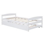 Twin Size Platform Bed with Twin Size Trundle, Headboard and Footboard, Sturdy Pine Wood Construction, 77.5" L x 40.5" W x 22" H, White