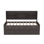 Classic Style Twin Size Wooden Captain Bed with Built-in Bookshelves, 3 Storage Drawers, and Trundle, 77.5" L x 88" W x 47" H, Antique Gray