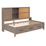 Twin Size Lounge Daybed with Storage Shelves, Cork Board, USB Ports, and 3 Drawers, Solid Wood and MDF, 78.5" L x 50" W x 51" H, Wood