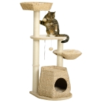 PawHut Cat Tree, 47" Cat Tower for Indoor Cats with Cattail Fluff Cat Condo, Cat Beds, Jumping Platform, Scratching Posts, Hanging Toy Ball, Natural