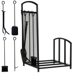HOMCOM Firewood Rack Outdoor Indoor with 4-Piece Fireplace Tools, Firewood Holder Includes Poker, Tongs, Broom, Shovel, Wood Storage Log Holder for Fireplace, Wood Stove, Hearth or Fire Pit, Black