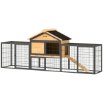 PawHut Wooden Rabbit Hutch Outdoor, 85" Large Bunny Cage with Steel Run, Removable Plastic Tray, Asphalt Roof, Ramp