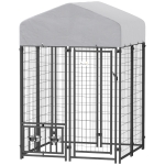 PawHut Welded Wire Outdoor Dog Kennel with 360° Rotating & 4 Levels Adjustable Bowls, Waterproof Cover, 3.9' x 3.9' x 6'