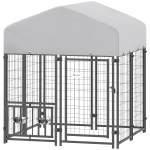PawHut Welded Wire Outdoor Dog Kennel with 360° Rotating & 4 Levels Adjustable Bowls, Waterproof Cover, 3.9' x 3.9' x 4.5'