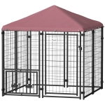PawHut Welded Wire Outdoor Dog Kennel with 360° Rotating & 4 Levels Adjustable Bowls, Waterproof Cover, 4.6' x 4.6' x 5'