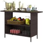 Outsunny Wicker Outdoor Bar Table, PE Rattan Bar Height Patio Table with 2 Shelves, Steel Frame for Garden, Backyard, Dark Brown