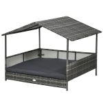 PawHut Outdoor Dog Bed with Canopy, Rattan Dog Bed with Soft Cushion Removable Cover for Medium and Large Dogs, Dark Gray