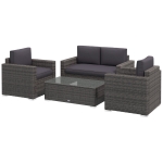 Outsunny 4 Pieces Rattan Sofa Set Wicker Patio Sofa Set with Loveseat Chairs Glass Top Coffee Table for Garden Outdoor Gray