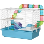 PawHut 3-Tier Large Toy-Filled Steel Small Animal Cage, Includes Exercise Wheel, Water Bottle, Food Dish, Light Blue