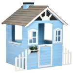 青白天門 Outsunny Wooden Playhouse for Kids Outdoor with Flower Pot