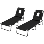 Outsunny 2PCS Adjustable Outdoor Lounge Chair, Garden Folding Chaise Lounge with Face Hole Reclining Tanning Chair Seat, Folding Camping Beach Lounging Bed w/ Head Support Black