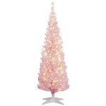 HOMCOM 5ft Pencil Christmas Tree, Slim Artificial Christmas Tree with Snow Flocked Branches and Warm White LED Lights, Pink