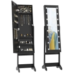 HOMCOM Free Standing Armoire Organizer, Lighted Mirrored Jewelry Cabinet w/ Angle Adjustable & 16 LED Lights Black