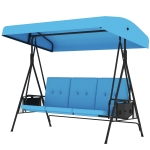 Outsunny 3-Seat Outdoor Porch Swing Patio Swing with Adjustable Canopy, Side Tray, Removable Cushion for Garden, Poolside, Blue