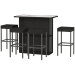 Outsunny 5 Pieces Patio Bar Set, Outdoor PE Rattan Wicker High Top Outdoor Table and Chairs Outdoor Bar Set with Tempered Glass Top Bar Table and Shelves, 4 Bar Chairs, Black