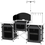 Outsunny Aluminum Camping Kitchen, Portable Folding Camping Table with Fabric Cupboards, Windshield, Bag for BBQ, Picnic, Black